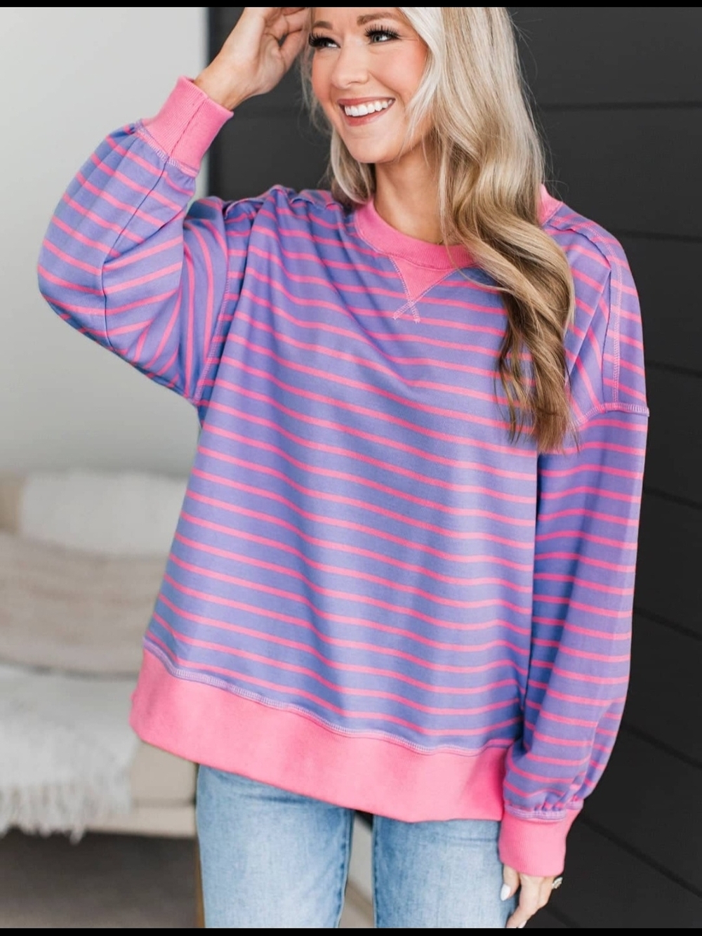 Women's Oversized Striped Top In Lavender And Pink
